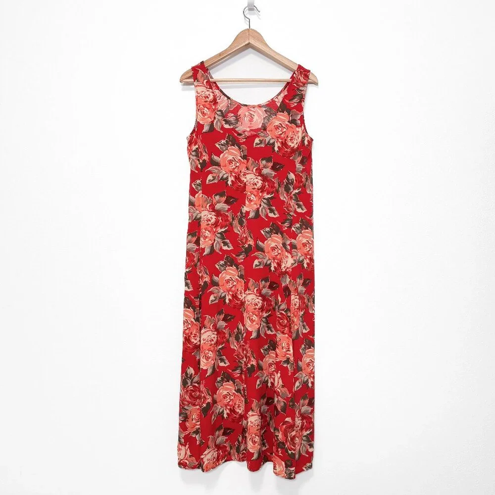 90s Vintage Express Red Floral Sleeveless Maxi Dress Size 9/10 Medium - Picture 8 of 15